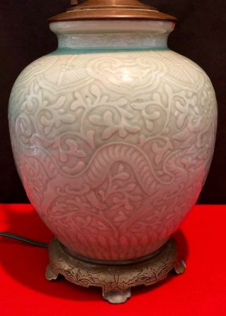 Antique Chinese Celadon Porcelain Vase Lamp Signed 2