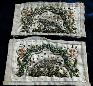 Small Antique Georgian Embroidered Silk Panels,  Couch Work Birds Motifs