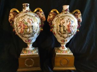 Atique Capo Di Monte Pair Vases - Urns Rams Heads Handles 1771 - 1834 Magnificent.
