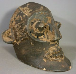 Lg Vintage African Mask Old Boogie Man Zombie Wood Carved Tribal Helmet Statue
