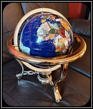 Large Vintage Blue Mineral Gemstone Globe In Brass Gimbal Cradle Compass In Base