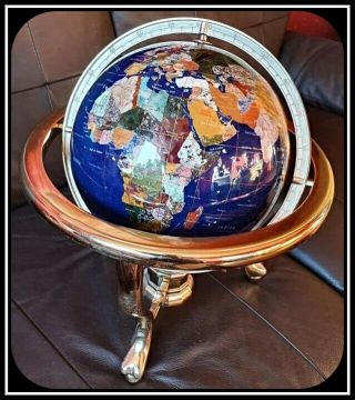 Large Vintage Blue Mineral Gemstone Globe in Brass Gimbal Cradle Compass in base 2