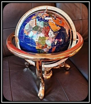 Large Vintage Blue Mineral Gemstone Globe in Brass Gimbal Cradle Compass in base 3