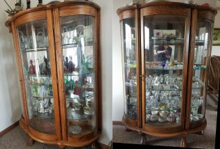 Pair 2 Oak Bow Front Glass Victorian Style Claw Foot China Display Cabinet Curio 10