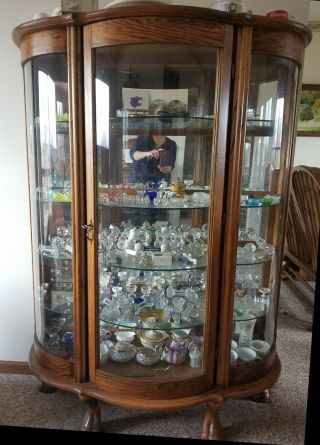 Pair 2 Oak Bow Front Glass Victorian Style Claw Foot China Display Cabinet Curio 2