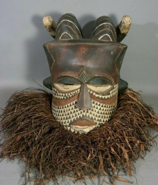 Lg Vintage African Mask Old Horned Devil Animal Wood Carved Tribal Art Statue