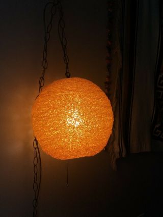 Mid Century Modern Orange Lucite Spaghetti Ball Vintage Hanging Swag Lamp