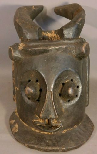 Lg Vintage African Mask Old Devil Animal Horn Wood Carved Anthropomorphic Tribal