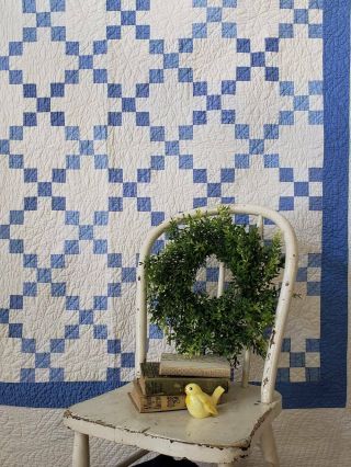 Master Quilting Early Antique Lancaster Blue & White Irish Chain Quilt 80x77 "