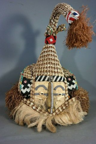 Lg Vintage African Mask Old Puka Shell Witch Doctor Wood Carved Tribal Statue