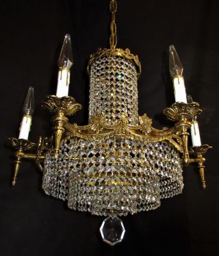 Vtg Deco French Cast Brass 12 Lights Crystals Chandelier Ceiling Fixture 1950 