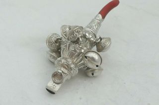 RARE VICTORIAN HM STERLING SILVER CORAL BABY RATTLE 9 BELLS 1899 11