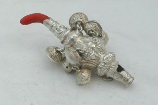 Rare Victorian Hm Sterling Silver Coral Baby Rattle 9 Bells 1899