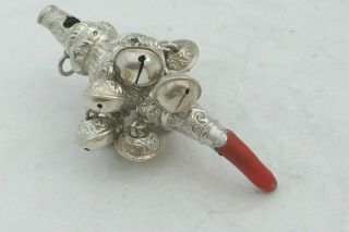 RARE VICTORIAN HM STERLING SILVER CORAL BABY RATTLE 9 BELLS 1899 7