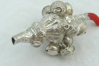 RARE VICTORIAN HM STERLING SILVER CORAL BABY RATTLE 9 BELLS 1899 8