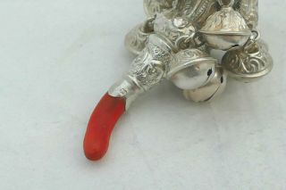 RARE VICTORIAN HM STERLING SILVER CORAL BABY RATTLE 9 BELLS 1899 9