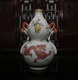Fine Famille Rose Chinese Porcelain Dragon Gourd Vase Qianlong Mk H8.  66”