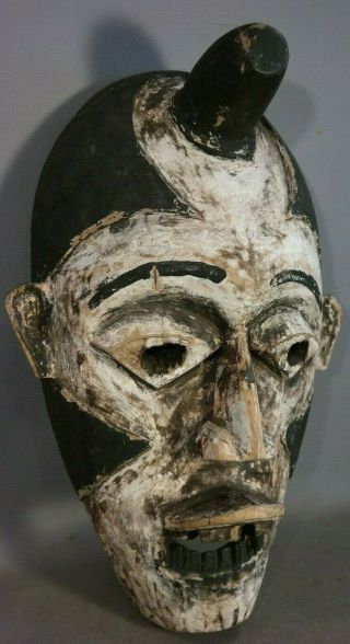 Lg Vintage African Mask Old Devil Horns Native Wood Carved Tribal Art Statue