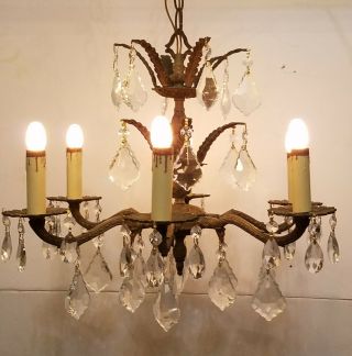 Fab 6 Arm Antique Brass Chandelier 3 Tiers W/ French Prisms - - 16 "