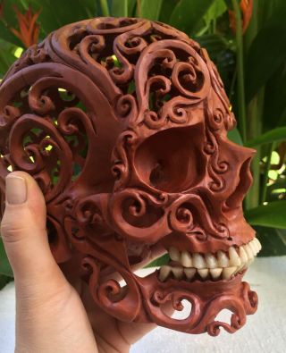 Carved Wooden Skull Filigree Hand Carved Wooden Sculpture Wood Flexible Jaw