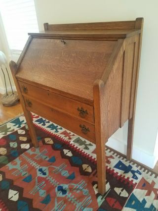 Antique Tiger Oak Arts And Crafts Mission Style Secretary Drop Front Desk