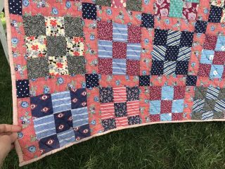 VTG Quilt Cinnamon Indigo Nine Patch Red Blue Pink Handmade VGUC 70 