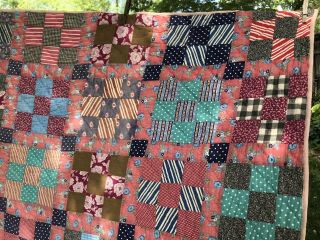 VTG Quilt Cinnamon Indigo Nine Patch Red Blue Pink Handmade VGUC 70 