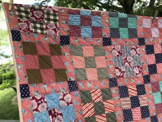 VTG Quilt Cinnamon Indigo Nine Patch Red Blue Pink Handmade VGUC 70 