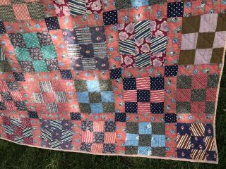 VTG Quilt Cinnamon Indigo Nine Patch Red Blue Pink Handmade VGUC 70 