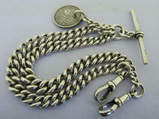 Antique Solid Silver Double Albert Watch Chain T - Bar & Coin Fob Chester 1920 12