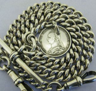 Antique Solid Silver Double Albert Watch Chain T - Bar & Coin Fob Chester 1920