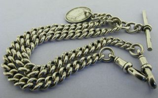 Antique Solid Silver Double Albert Watch Chain T - Bar & Coin Fob Chester 1920 3
