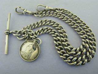 Antique Solid Silver Double Albert Watch Chain T - Bar & Coin Fob Chester 1920 4