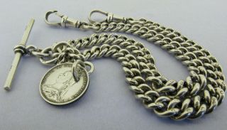 Antique Solid Silver Double Albert Watch Chain T - Bar & Coin Fob Chester 1920 5