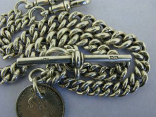 Antique Solid Silver Double Albert Watch Chain T - Bar & Coin Fob Chester 1920 7