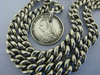 Antique Solid Silver Double Albert Watch Chain T - Bar & Coin Fob Chester 1920 8