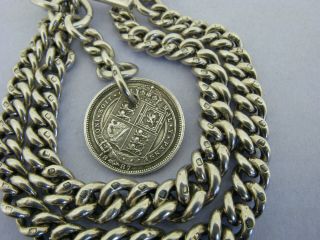 Antique Solid Silver Double Albert Watch Chain T - Bar & Coin Fob Chester 1920 9