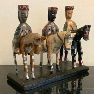 Antique Puerto Rican Folk Art Santos Wood Carving,  Three Kings And Horses