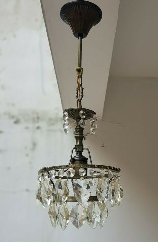 Antique Vintage Brass & Crystals French Small Chandelier Lighting Ceiling Lamp 2