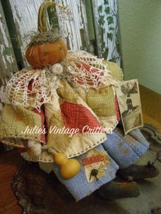 Primiitve Fall Pumpkin Doll,  Antique Quilt,  Gourd,  Folk Art Harvest Pumpkin Doll