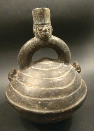 Large Pre Columbian Chimu Blackware Stirrup Vessel - Peru - Circa 1000 To 1300