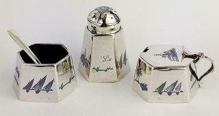 Iraqi Solid Silver Niello Enamel Marsh Arab Art Cruet Set C1920 