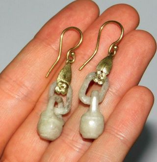 FINE,  ANTIQUE,  CHINESE 9CT GOLD QING DYNASTY CARVED CELADON PALE JADE EARRINGS 玉 2