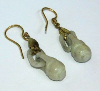 FINE,  ANTIQUE,  CHINESE 9CT GOLD QING DYNASTY CARVED CELADON PALE JADE EARRINGS 玉 4