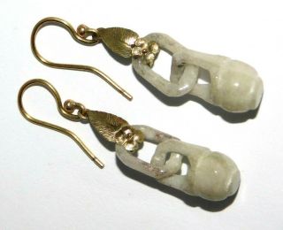 FINE,  ANTIQUE,  CHINESE 9CT GOLD QING DYNASTY CARVED CELADON PALE JADE EARRINGS 玉 5