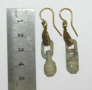 FINE,  ANTIQUE,  CHINESE 9CT GOLD QING DYNASTY CARVED CELADON PALE JADE EARRINGS 玉 7