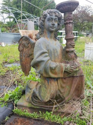 Large Angel & Naughty Boy Vintage Unearthed Cast Iron Garden Ornament Statues