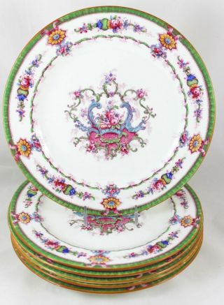 English Set 6 Dinner Plates Antique Royal Cauldon L4054 Green Aqua Pink Floral