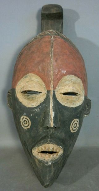 Lg Vintage African Mask Old Mohawk Polychrome Wood Carved Tribal Art Wall Statue