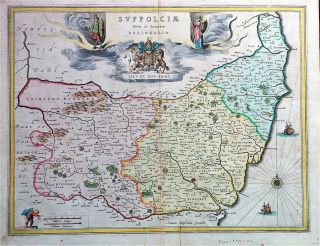 Map Of Suffolk By Jansson 1640 Rare Edition Copperplate Engraved